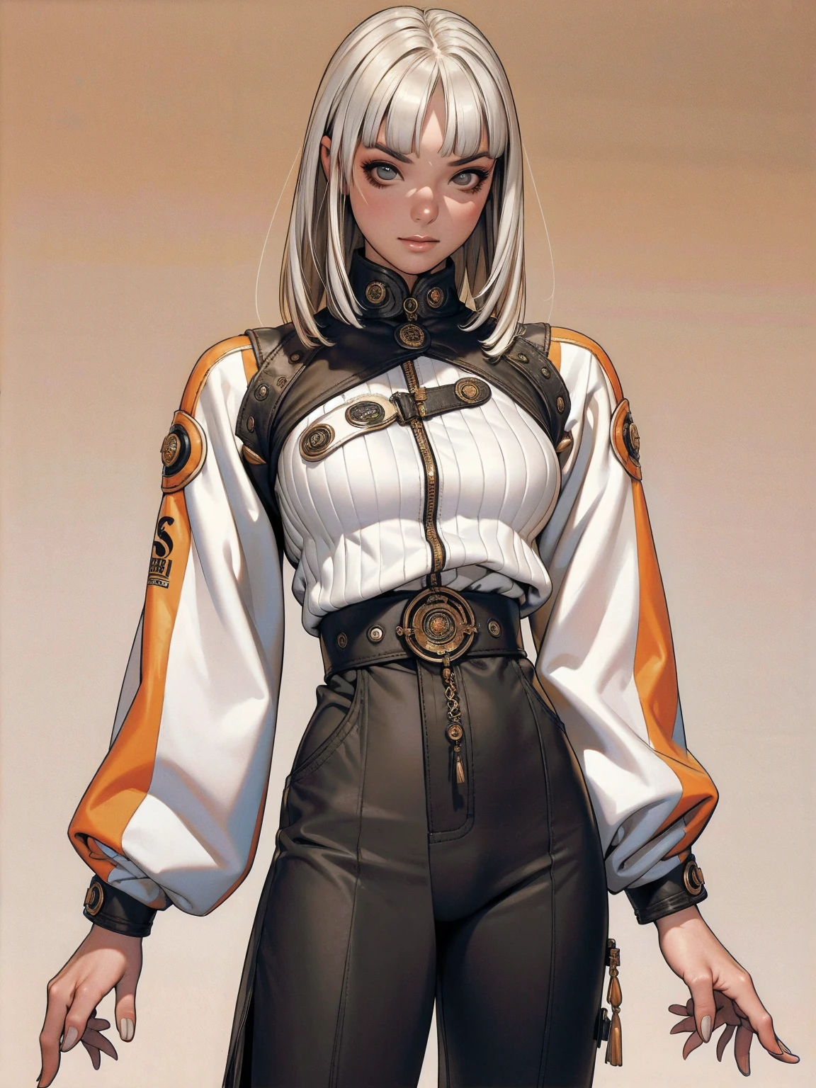 (best qualityer))), (((manga strokes))), (((white bob hair with straight bangs and ochre highlights))), (((wide pants with 2 side stripes))), uma Kizi jovem muito bem vestida com roupas modernas de inverno, top gift vertical stripes, short jacket with dark fur collar, beautiful and expressive face, slightly-smile, big eyes with long black eyelashes, heavy make-up, chains and zippers spread across clothes, contrasting colours, pose de atitude, hair with a modern and futuristic cut, urban game poster art, dramatic camera angles, graffiti art elements in the background, design mixing contemporary and retro by Shepard Fairey, (((cowboy shot))), (((best qualityer: 1.4))), (Unbeatable masterpiece), (hiper HD),(CG 8k hyper-realistic), Kizi, (((standing alone))), pirralha violent, (((14歳))), sexly, pose de atitude, work of art, post-apocalypse, (((manga style))), bounty hunter, violent, Manic, the way you want, slenderbody, thin but strong, perfectbody, roupa moderna, advanced technology, neon, sleeves with vertical striped pattern, neutral background, (( cowboy shot )). intricate visual