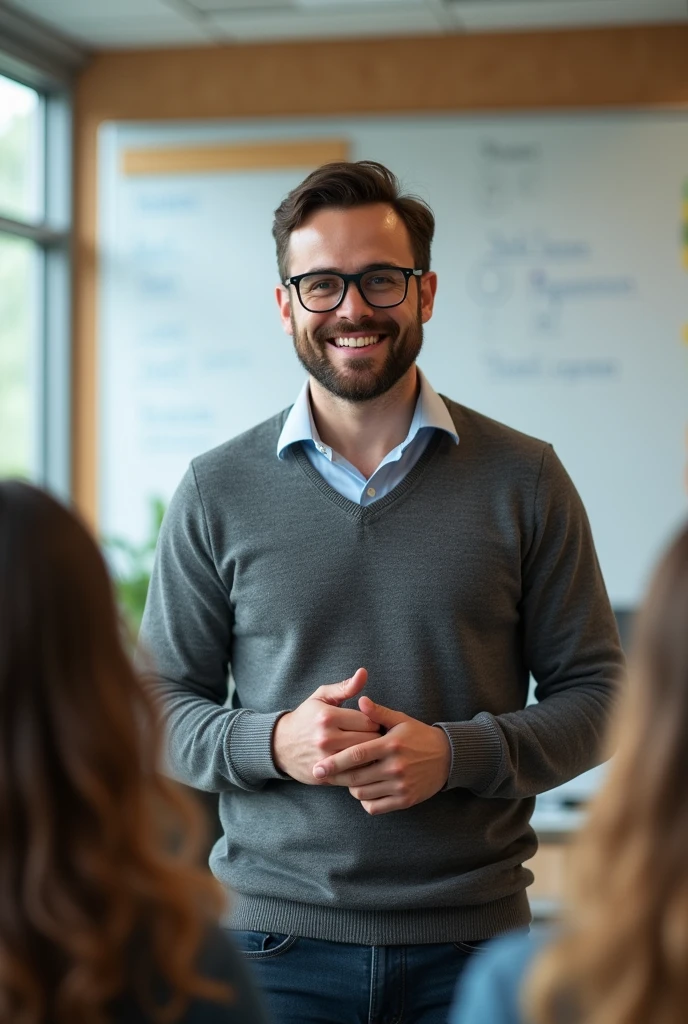 Image of a 31-year-old male teacher with a beard and glasses welcoming the class.