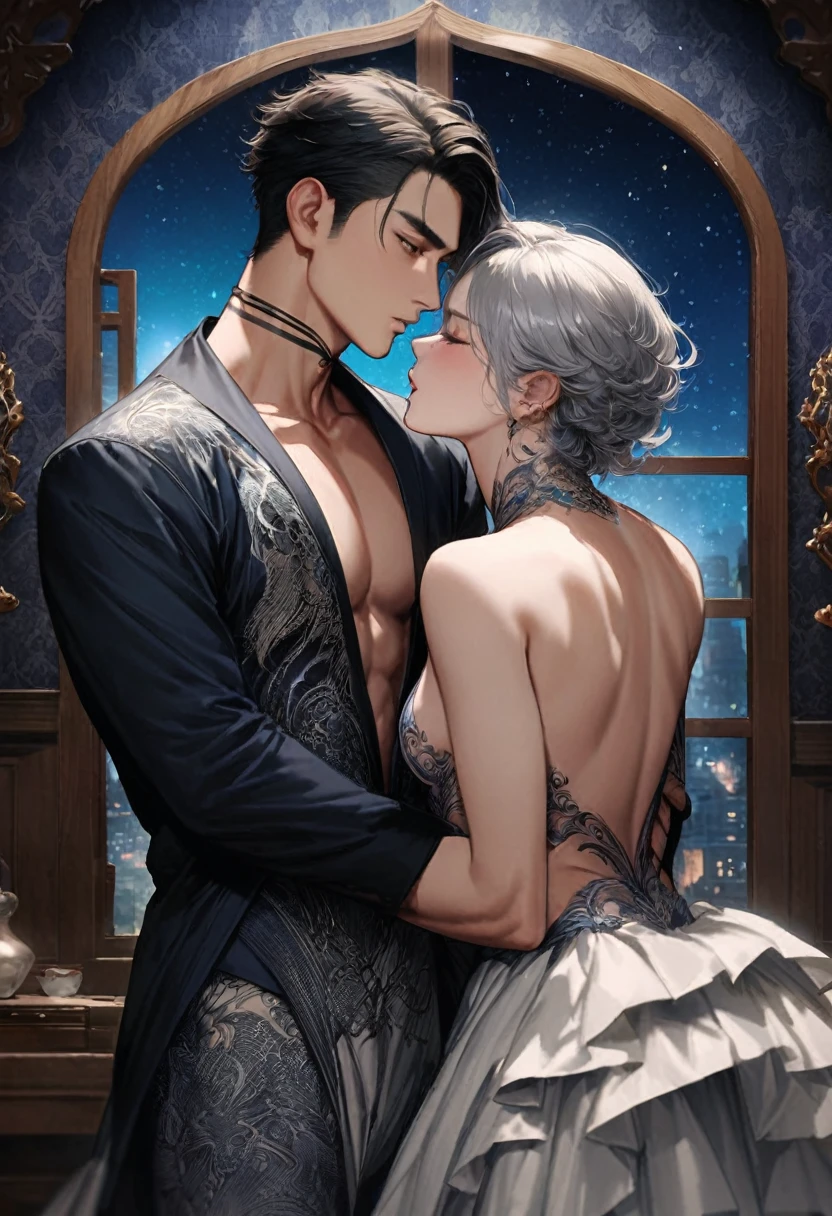 "(best quality, 32k, highres, masterpiece:1.2), ultra-detailed, realistic:1.37, two boys, 2 handsome 22 year old boys, these two 25 year old boys are in love, These two boys are in love, love, anime character, kiss, loving kiss, kiss of lovers, Mysterious tavern bed room, starry night through the windows, tattoo, anime korean/thai 20 year old male model, long black whisp hair, high quality, super realistic, Envision a hyper-realistic composition that seamlessly integrates the exquisite detail of dreamlike elegance, creating a beautiful back view portrait where realism and Art Nouveau mystique converge, striking thai male model is depicted against a backdrop of silvery swirling patterns, sapphire blue ornamental dragon tattoo designs, adorned in flowing garments that echo romantic style, with intricate patterns intertwining seamlessly with the hyper-realistic details of his attire, highly detailed,