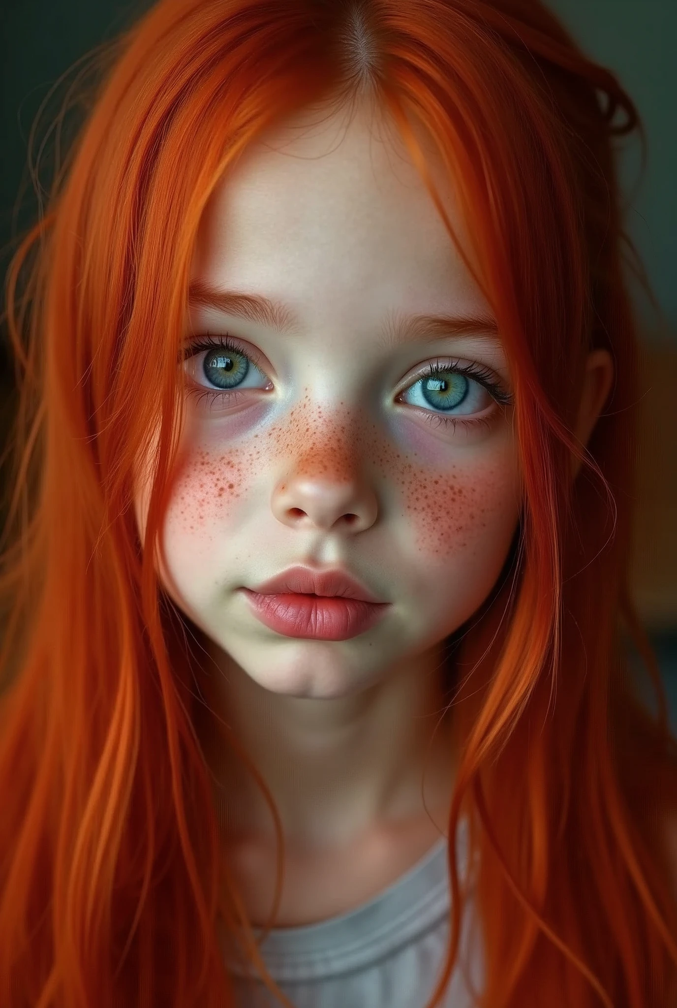 a girl with red straight silky hair blue eyes freckles red eyebrows button nose red lips dimples 