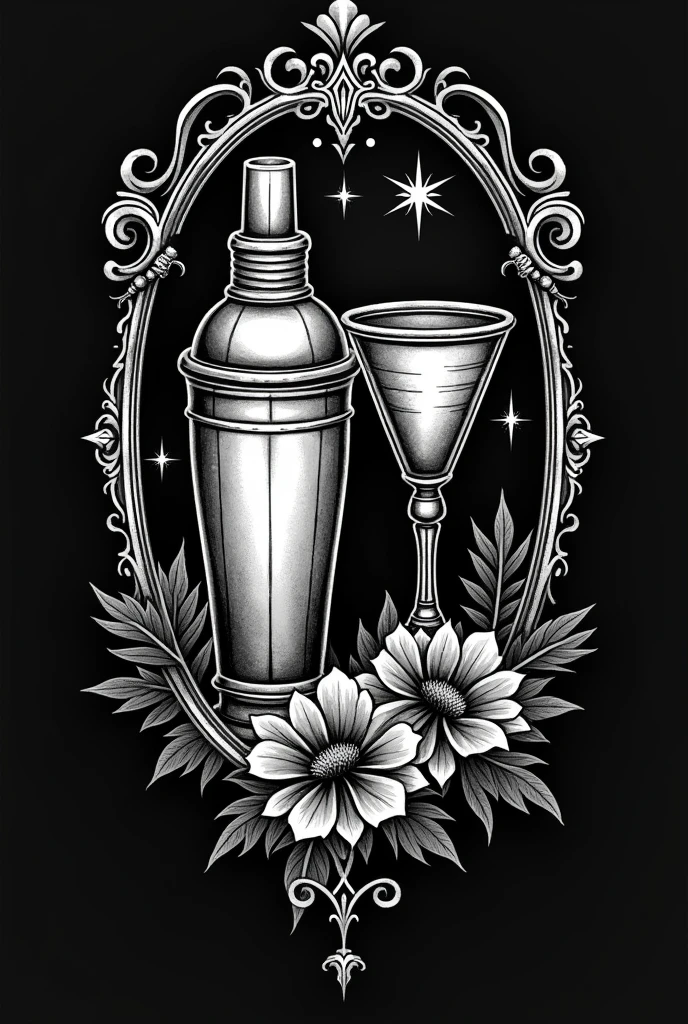 Radical tattoo design for a bartender featuring blackwork and gothic art style jigger cocktail shakers