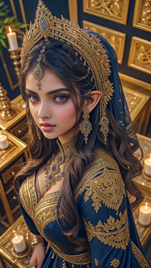 Selfie from above pov, Extremely detailed, women, elven, Pakistani women, beautiful body, wearing traditional (navy blue and golden), beautiful enormous size breast, beautiful face, extremely detailed cat eyes, sexy look, light pink lips, making pout face, background lighting , 