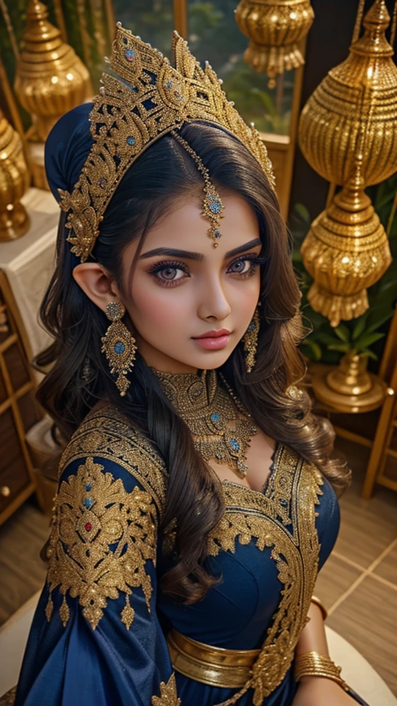 Selfie from above pov, Extremely detailed, women, elven, Pakistani women, beautiful body, wearing traditional (navy blue and golden), beautiful enormous size breast, beautiful face, extremely detailed cat eyes, sexy look, light pink lips, making pout face, background lighting ,