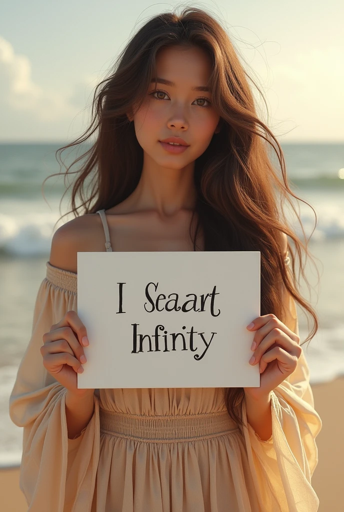Beautiful girl with wavy long hair, bohemian dress, holding a white board with text "I Love Seaart Infinity" and showing it to the viewer