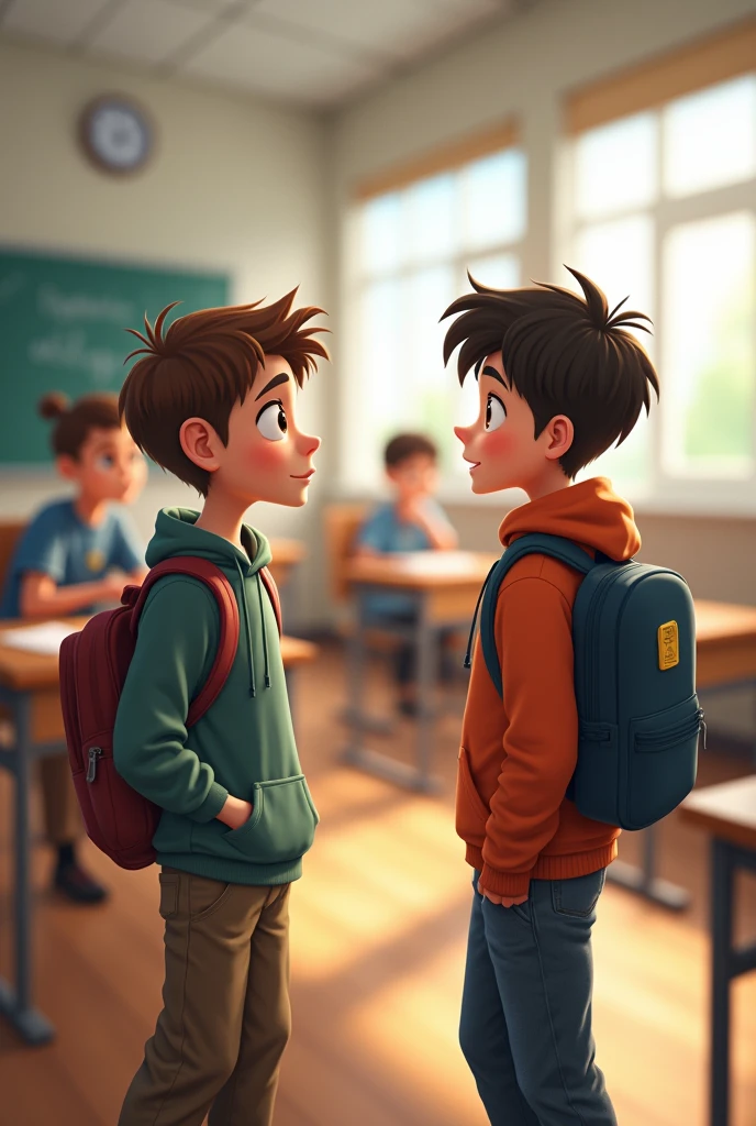 A boy asks his classmate why the teacher hasn&#39;t come.

