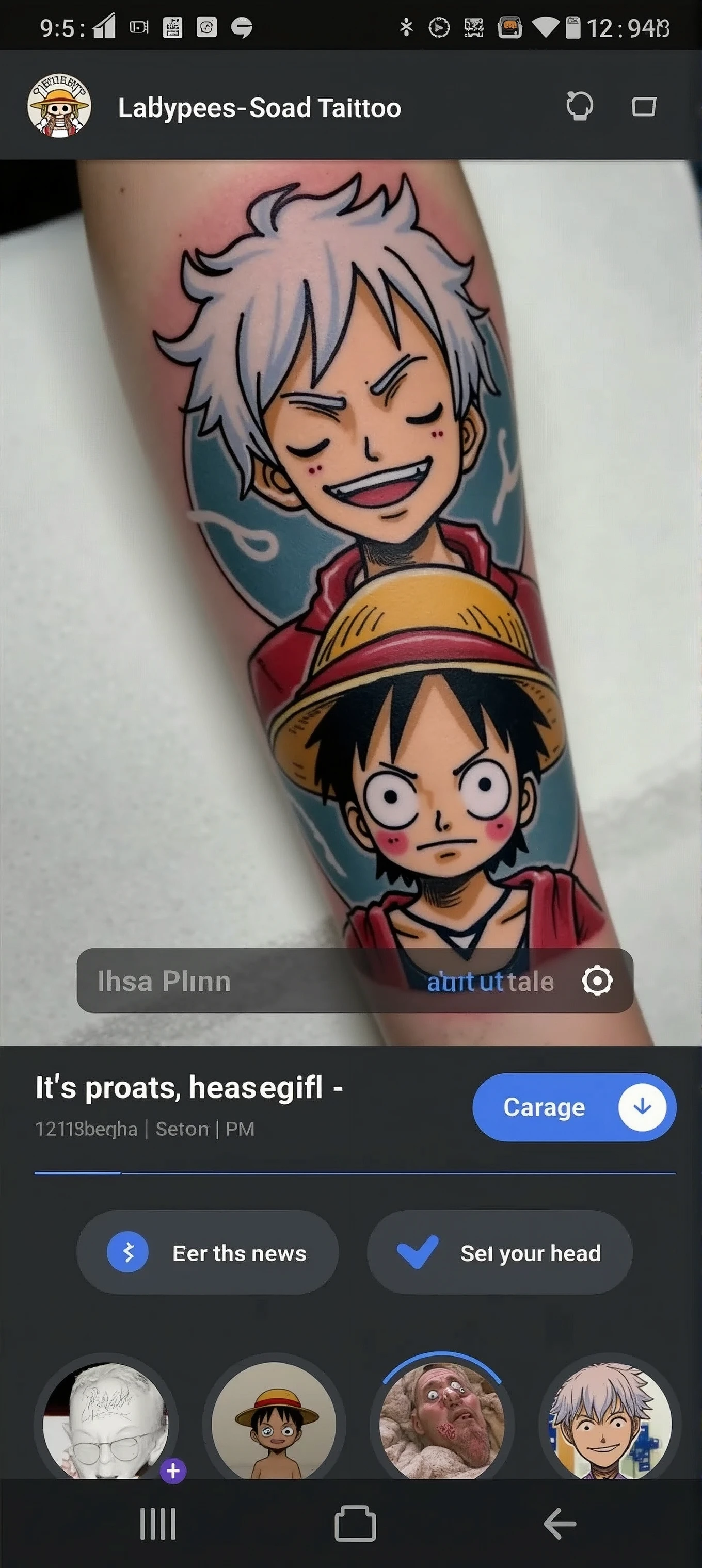Luffy's head tattoo, he with white hair, adult and child. Just the head one under the other.