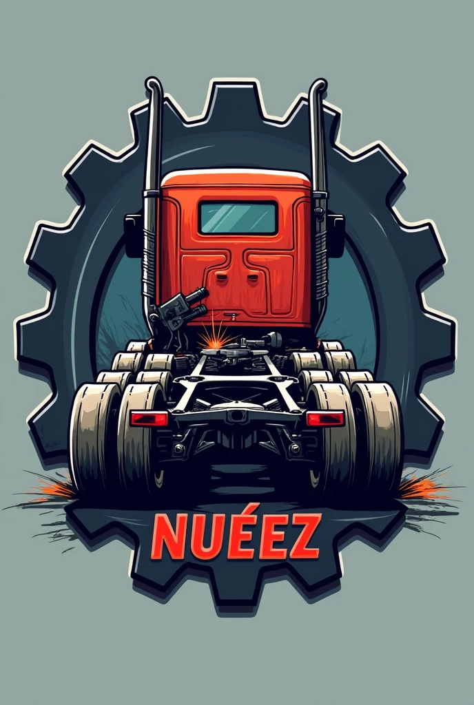 A logo for a body manufacturing company with an amazing trailer chassis standing out in the center, with gears around it and the word NUÑEZ that stands out below the body with welding and cutting machines on the sides