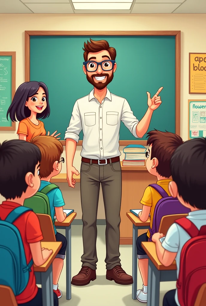 Cartoon image of a 31-year-old male teacher with a beard and glasses with his students welcoming them to class.
