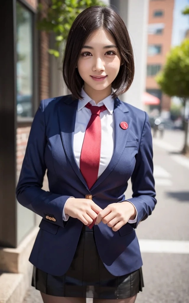 girl, Hyper Realistic, masterpiece, smile, portrait, bobhair, skirt suit, dress shirt, red necktie, blazer, pantyhose