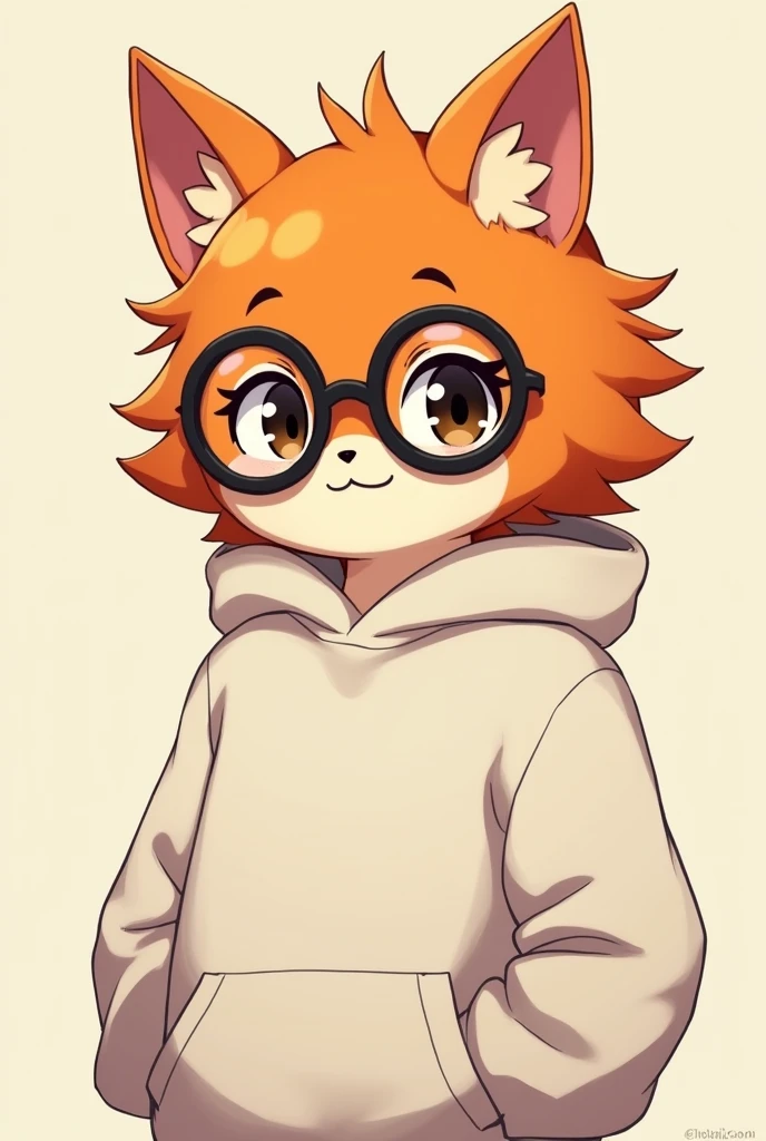 an anime character like an orange furry with a white sweatshirt and black circular glasses