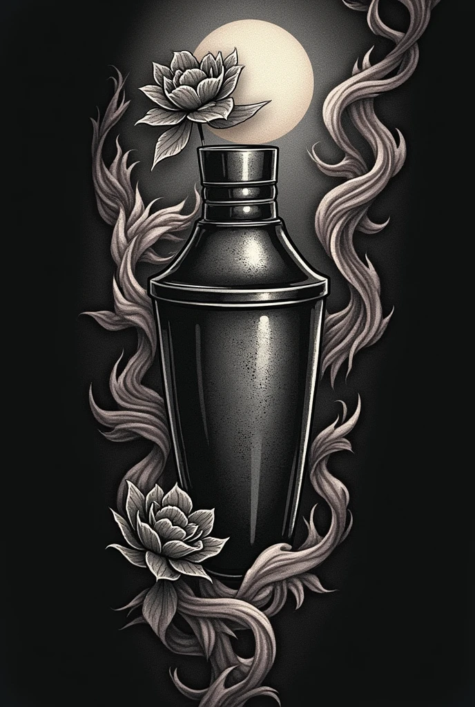 Radical tattoo design for a bartender featuring blackwork and gothic art style jigger cocktail shakers