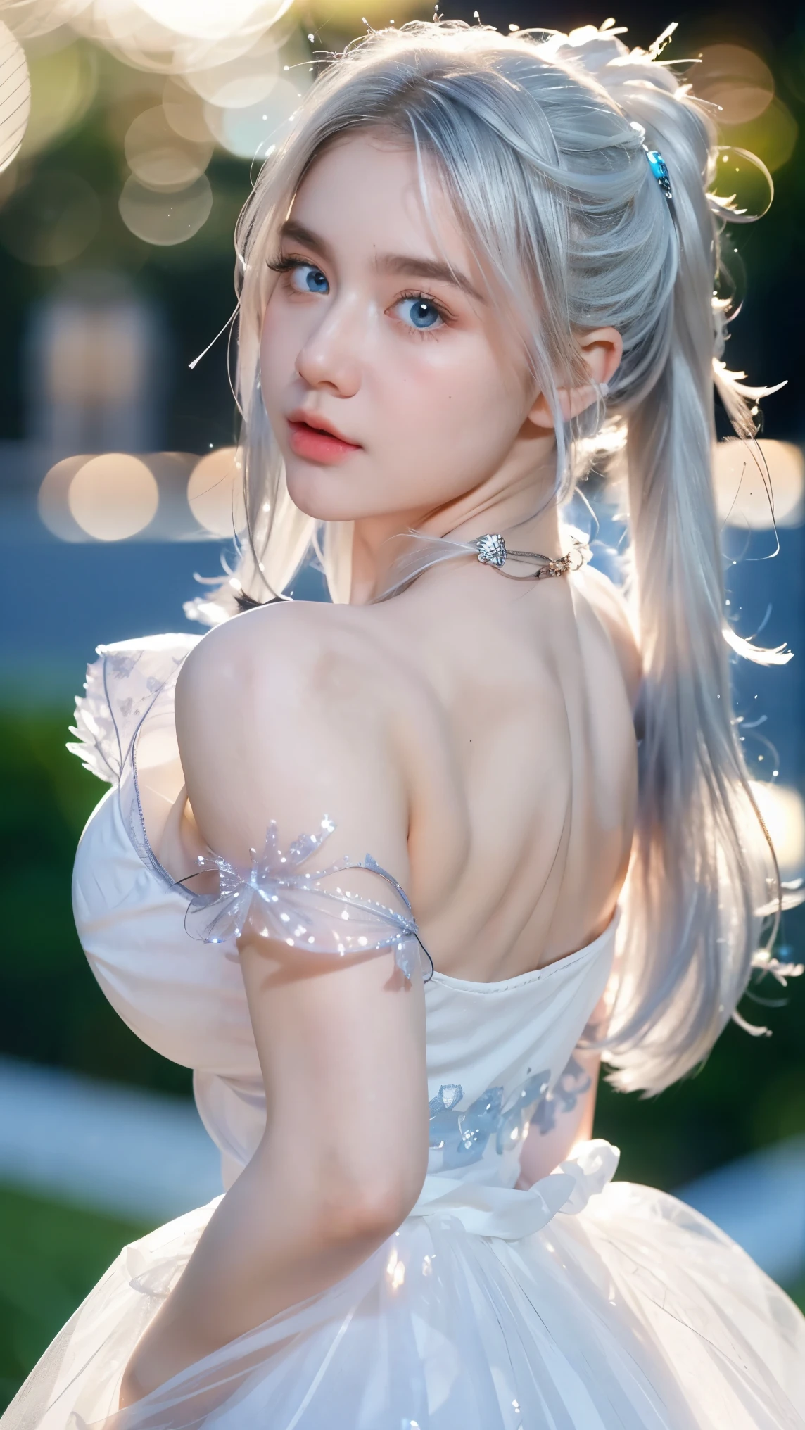 Georgeous, Beautiful, Cute, Baby Face, 18 Years Old, White Skin, Cleavage, ((Large Colossal Breast:1.3)), Sleeveless, Off Shoulder, Strapless, ((Transparent:1.3)), ((White Long ****ta Dress)), (Embroidery), Posing, ((Silver Hair)), ((Bright Blue Eye)), ((Muscles:1.3)), ((Bokeh:1.3)), Animal Farmer Background, Masterpiece, Twintails