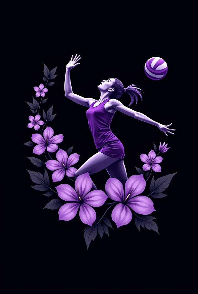 violet flowers logo, woman playing volleyball black background