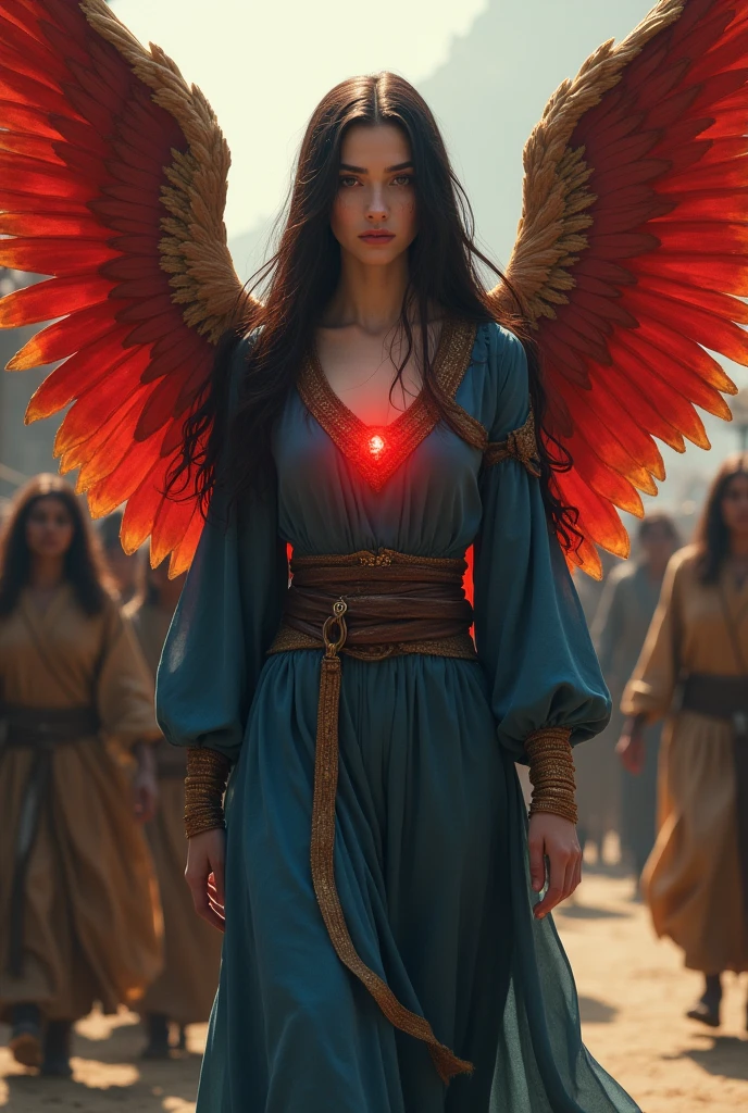 Woman about 24 years old, weak in the face, white skin with long dark brown hair, Red eyes and large red and slightly golden angel wings. Dressed in modest blue attire with gold trim. She is walking in the city surrounded by villagers who idolize her.. A faint red light comes out of his chest.