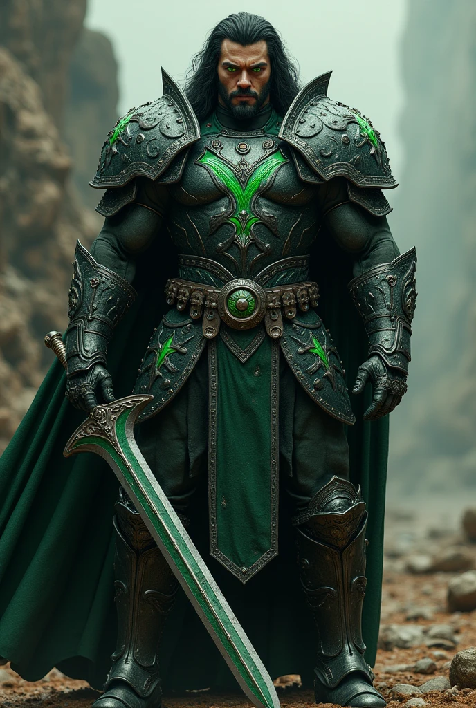 Create a muscular man with black hair and green eyes wearing black and green armor and a black and green sword. 