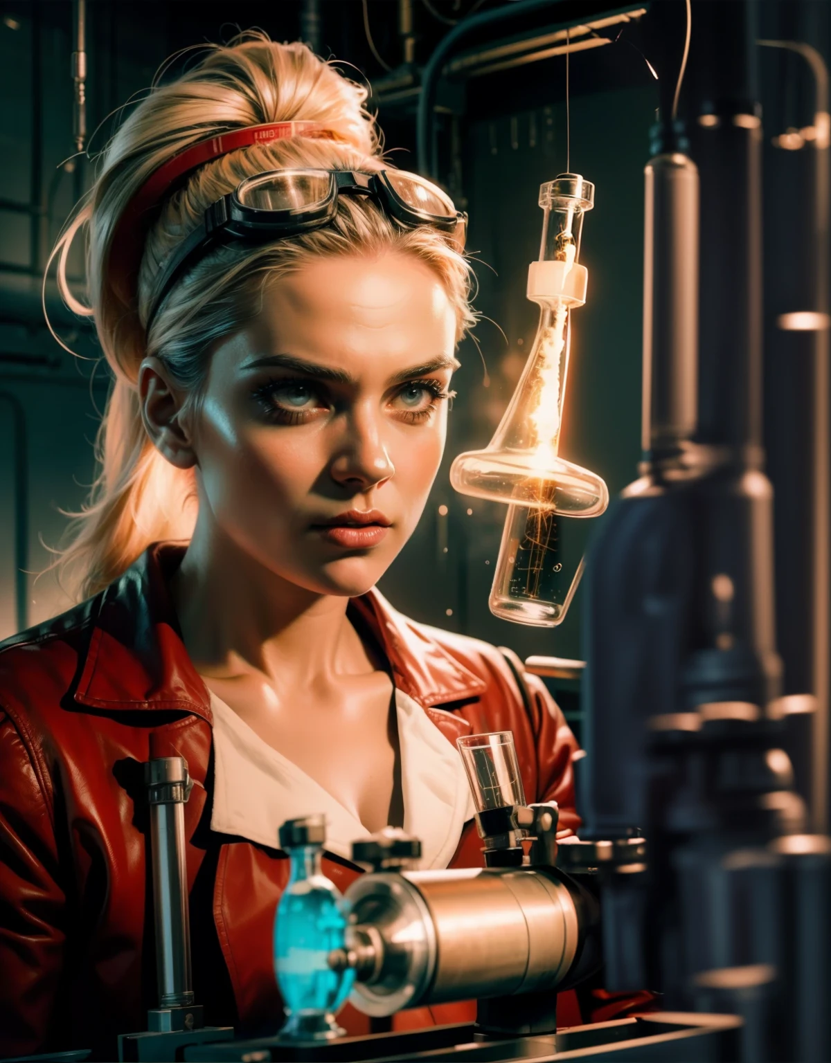 sovietpunkai, secrect service uniform, soviet scientist, detailed face,long eyelashes, sexy,soft lighting,subtle background,professional photography, blushing face (seductive), conducts crazy experiments in a dimly lit laboratory, Bubbling test tubes. [Science:1.1], [Mad scientist], [Laboratory]. The scientist wore a white lab coat and goggles. [White lab coat], [Protective goggles]. The lab is full of strange devices, Spark line, and mysterious liquids. [Strange device], [Spark line], [Mysterious liquid]. The intense gaze of the scientists was both excited and crazy. [Strong gaze], [exhilarated], [Madness]. The artwork has a detailed and realistic style, sovietpunkai, soviet female scientist, chubby, ugly, blonde ponytail, lab_coat, doctor, research, researcher, detailed face,long eyelashes,soft lighting,subtle background,professional photography,[Dramatic lighting], [Long shadows], [spooky ambiance].
