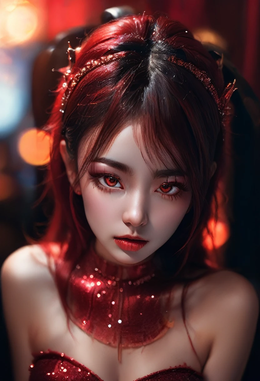 Perfection, photograph of ((stunningly attractive)) woman, half human, she is connected at some devices, connected, (((Vixen))), black and red, ((feminine)), (perfect round eyes), detailed skin, (gorgeous hair), sparkles, DOF, subsurface scattering, glow, amazing composition, 8k, highly detailed, art, artistic, sharp focus, highly detailed, luminous, creamy bokeh, intimate, enchanting, natural beauty, poetic, 35mm,