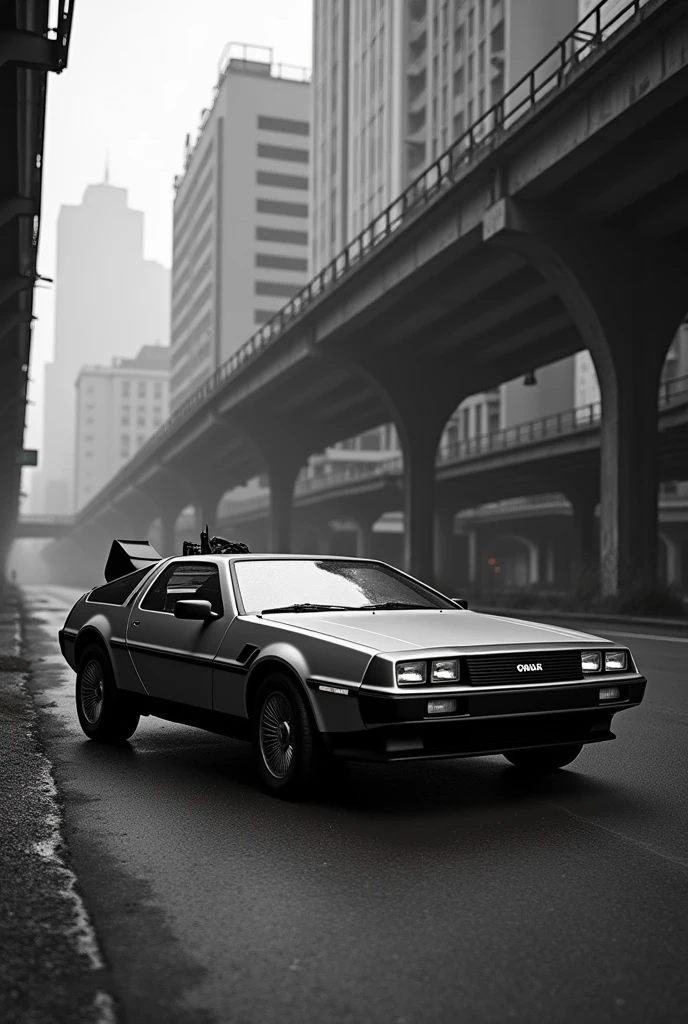 Photo of the DeLorean car in black and white on the streets
