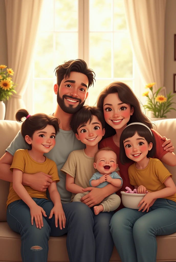 "A complete family photo in a warm, bright room. A 30-year-old father and a 29-year-old mother are sitting on a sofa, surrounded by their four children: a , two girls aged 8 and 4, and a 10-month-old baby. They all look happy and are smiling, creating a loving family atmosphere."