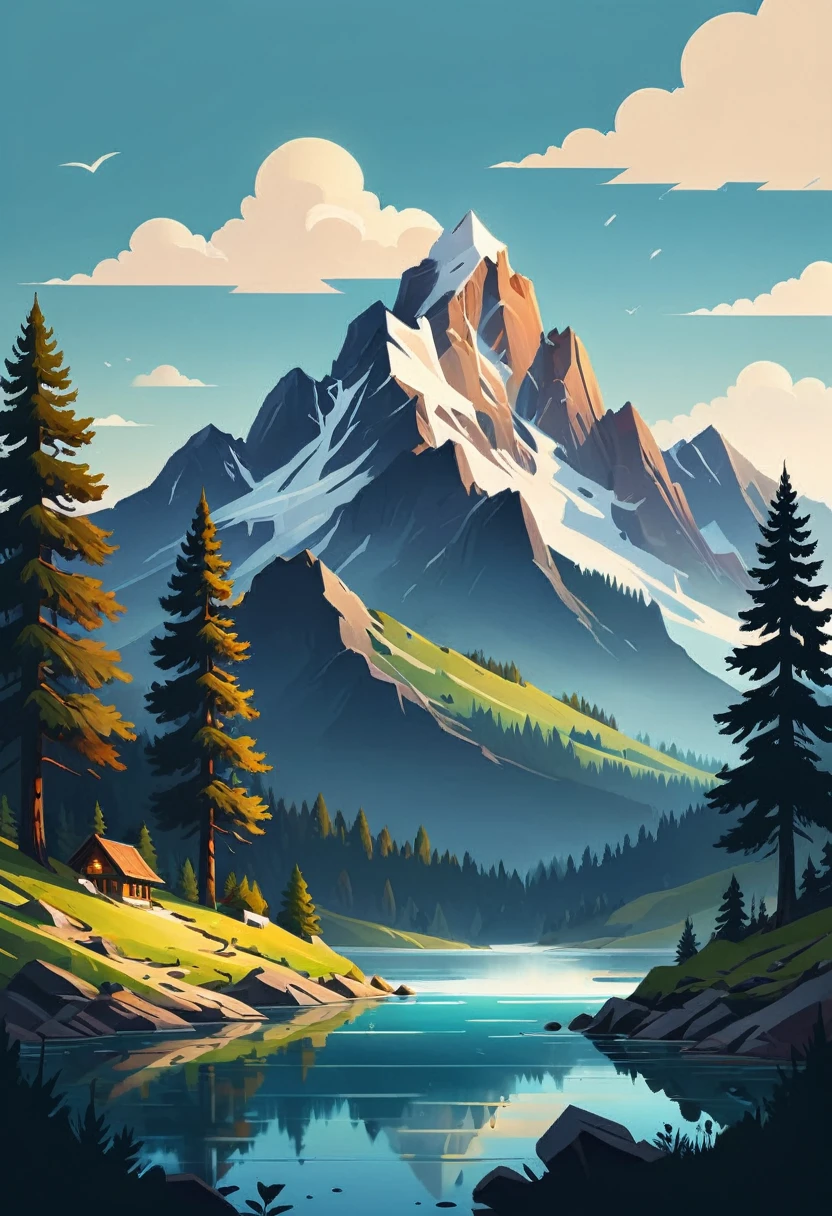 impressive painting of a mountain with trees and water, a detailed painting by Petros Afshar, shutterstock contest winner, environmental art, detailed painting, outlined art, 2d game art, isolated background for logo, strong contours, logo design