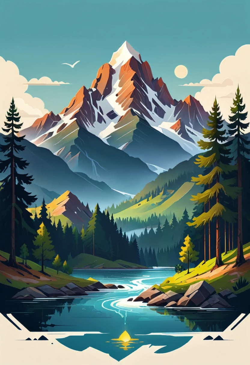 impressive painting of a mountain with trees and water, a detailed painting by Petros Afshar, shutterstock contest winner, environmental art, detailed painting, outlined art, 2d game art, isolated background for logo, strong contours, logo design