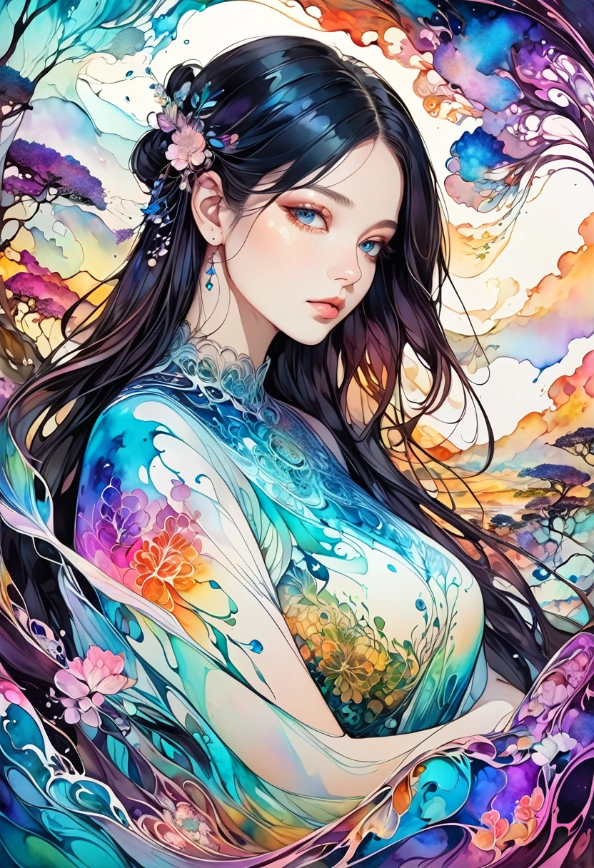 An intricately detailed digital painting featuring a girl. The composition exudes a serene and ethereal atmosphere, drawing the viewer into a surreal landscape with the woman's contemplative expression. The use of alcohol ink adds a semi-transparent dreamlike quality, enhancing the overall beauty and mystique of the artwork.