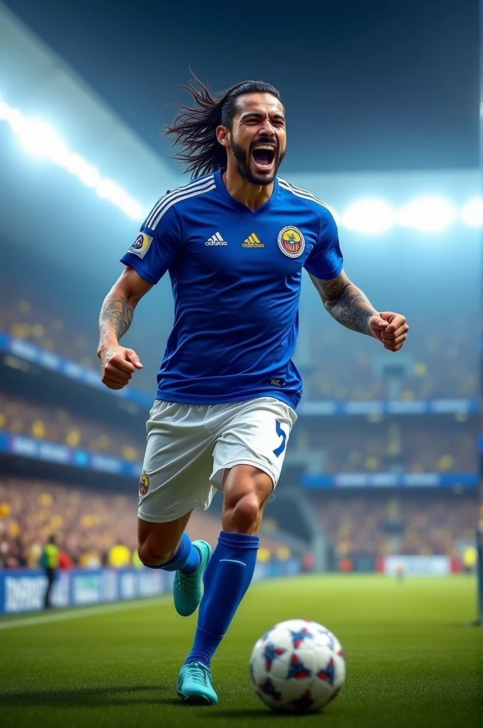 Can you imagine an image in which a footballer, who resembles Radamel Falcao García in terms of physical build and style, is dressed in the Millonarios FC shirt, One of the most recognized football teams in Colombia. The shirt would be blue, with white details, including the Millonarios logo on the chest and possibly sponsors on the sleeves. The player could be in a dynamic pose, like celebrating a goal or in the middle of a play in a brightly lit stadium, surrounded by fans.