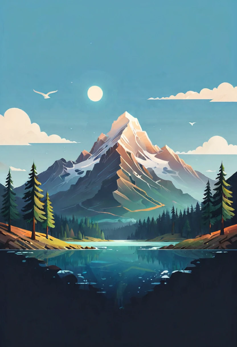 impressive painting of a mountain with trees and water, a detailed painting by Petros Afshar, shutterstock contest winner, environmental art, detailed painting, outlined art, 2d game art, isolated background for logo, strong contours, logo design
