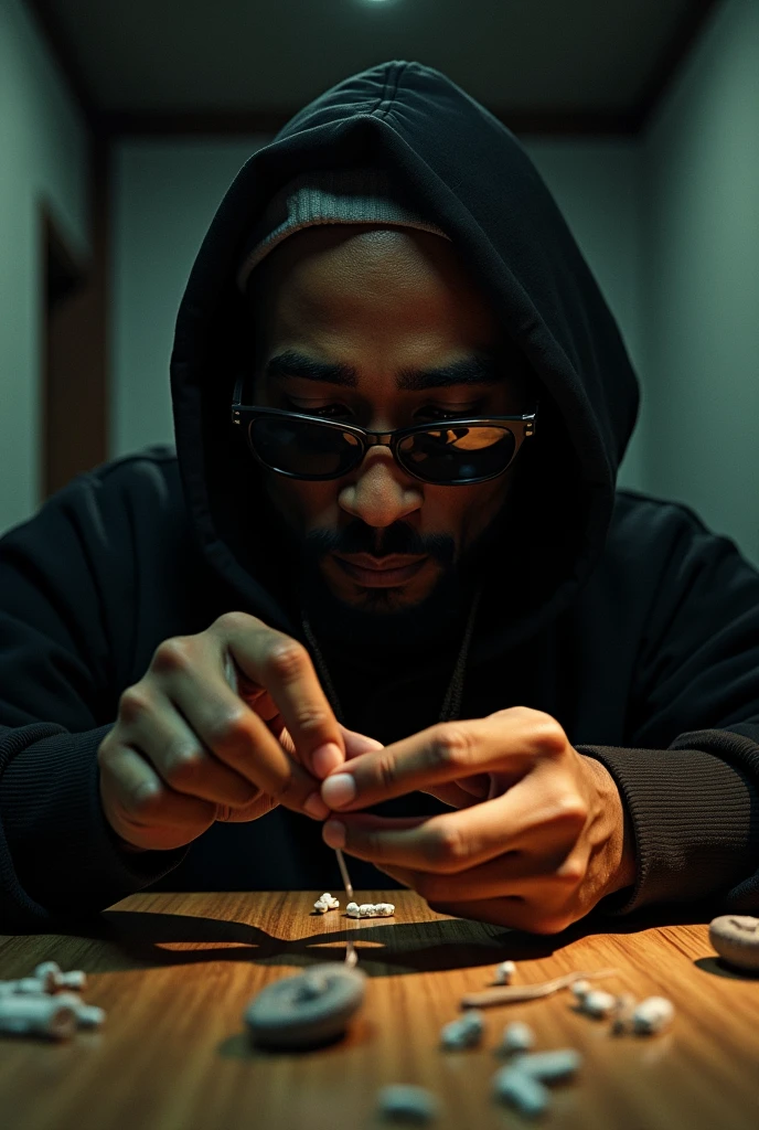 2pac making bombs with gum and sunglasses
