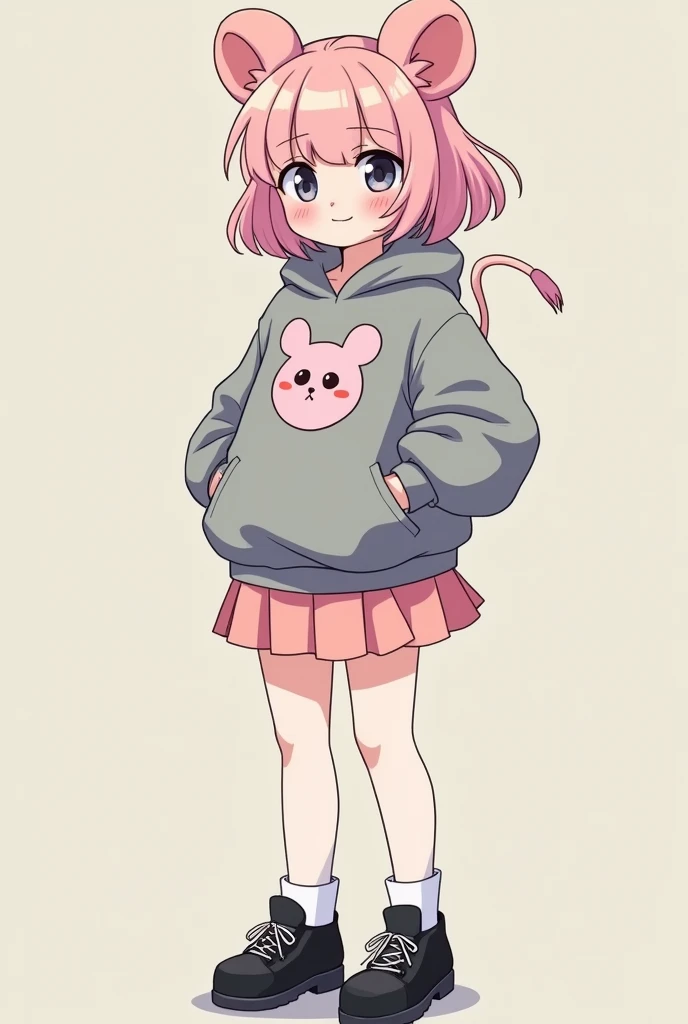 Sent by you:
Teenager of about 14 and 15 years old with light pink and pastel hair. Her clothing is a gray sweatshirt inspired by a mouse plus a light pink skirt and white stockings, black shoes and in the shape of the Amphibia series.