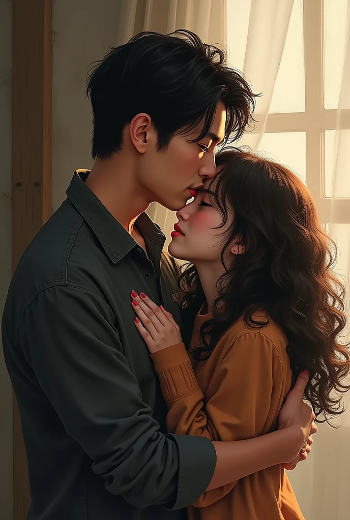 Song Kang, from the sweet home series, hugging a curly haired girl, looking ahead, realist
