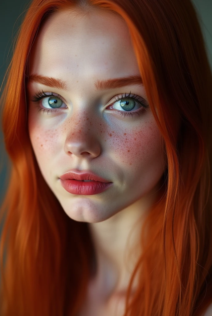a women with red straight silky hair blue eyes freckles red eyebrows button nose red lips dimples 
