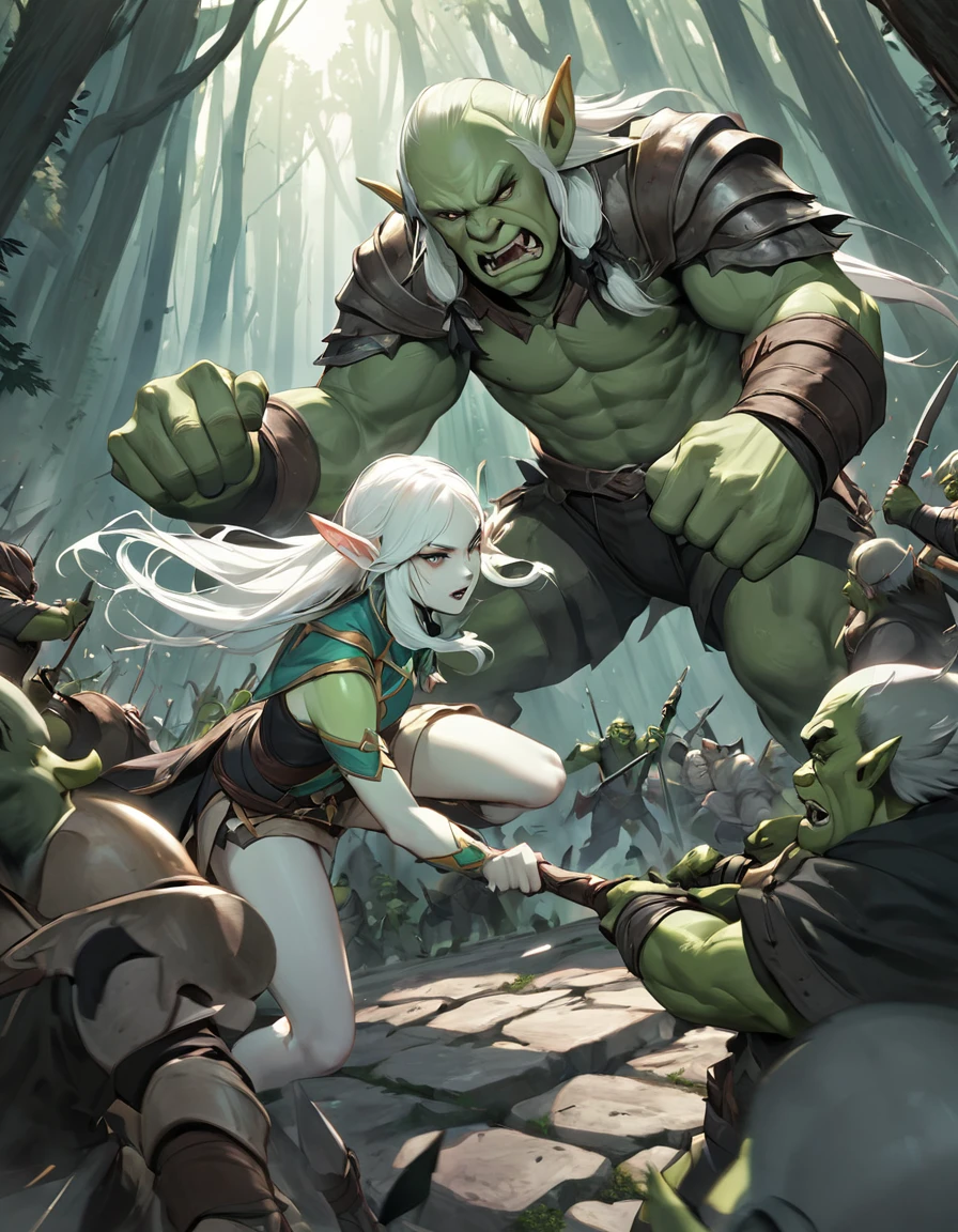 An [slender elven warrior, elf ears, pale skin] fights an [orc, green skin, bulky] outside the gates of an eleven fortress in a dense forest