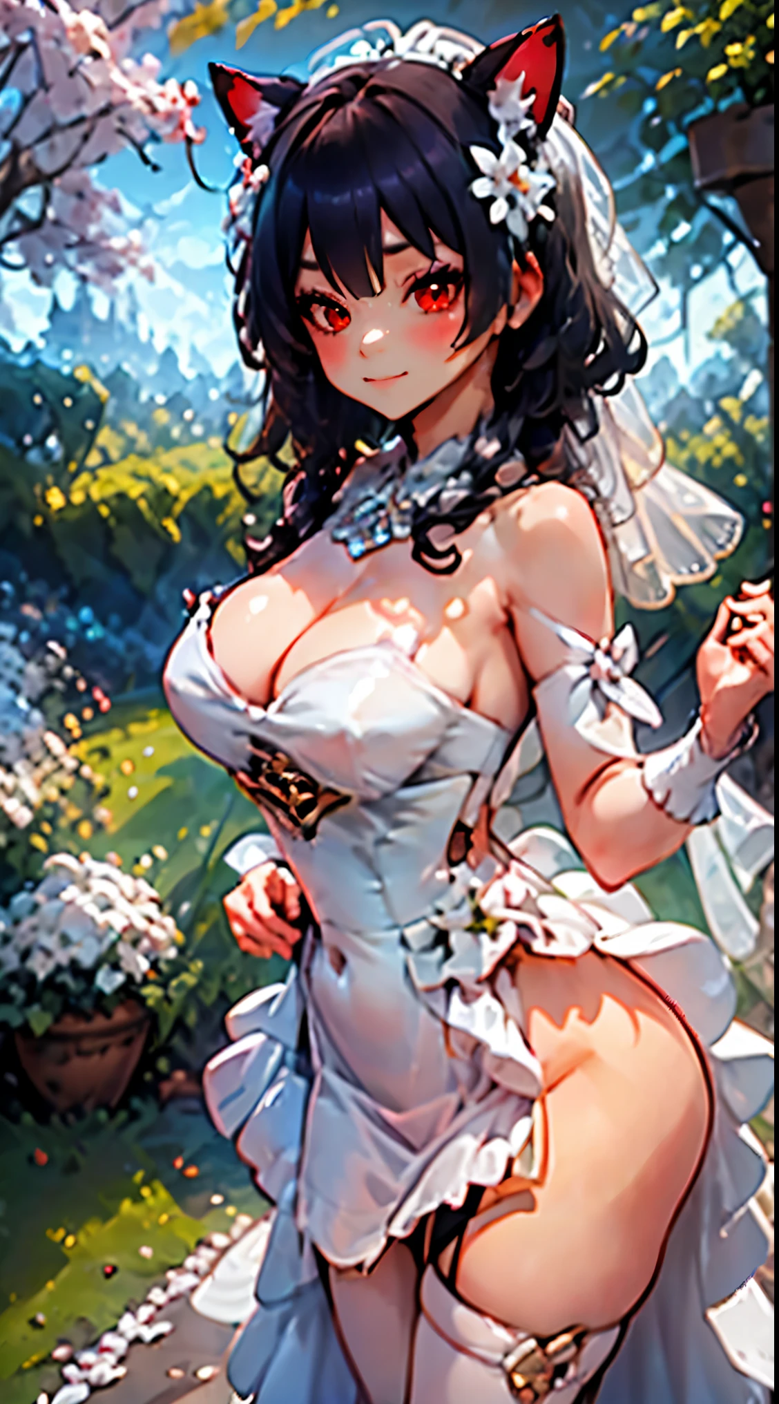 ((junkotvv cabello largo negro, orejas de gato, ojos rojos)), Lumine | genshin impact, master-piece, bestquality, 1girls,25 years old, proportional body, proportional., Wedding Dresses, White Wedding Dress, Long skirt, wedding, mediuml breasts, ,bara, Standing in the middle of a flower garden, outdoor, wedding, The sky is beautiful, Both hands hold a bouquet of flowers.................., View viewers from the front., Thigh strap, Head tilt, bored, 10, 10, HD, slight smile,