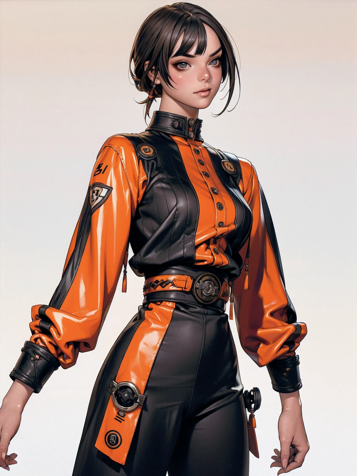 (best qualityer))), (((manga strokes))), (((black bob hair with straight bangs and aquamarine highlights))), (((wide pants with 2 side stripes))), uma Kizi jovem muito bem vestida com roupas modernas de inverno, top gift vertical stripes, short jacket with dark fur collar, beautiful and expressive face, slightly-smile, big eyes with long black eyelashes, heavy make-up, chains and zippers spread across clothes, contrasting colours, pose de atitude, hair with a modern and futuristic cut, urban game poster art, dramatic camera angles, graffiti art elements in the background, design mixing contemporary and retro by Shepard Fairey, (((cowboy shot))), (((best qualityer: 1.4))), (Unbeatable masterpiece), (hiper HD),(CG 8k hyper-realistic), Kizi, (((standing alone))), pirralha violent, (((14歳))), sexly, pose de atitude, work of art, post-apocalypse, (((manga style))), bounty hunter, violent, Manic, the way you want, slenderbody, thin but strong, perfectbody, roupa moderna, advanced technology, neon, sleeves with vertical striped pattern, neutral background, (( cowboy shot )). intricate visual