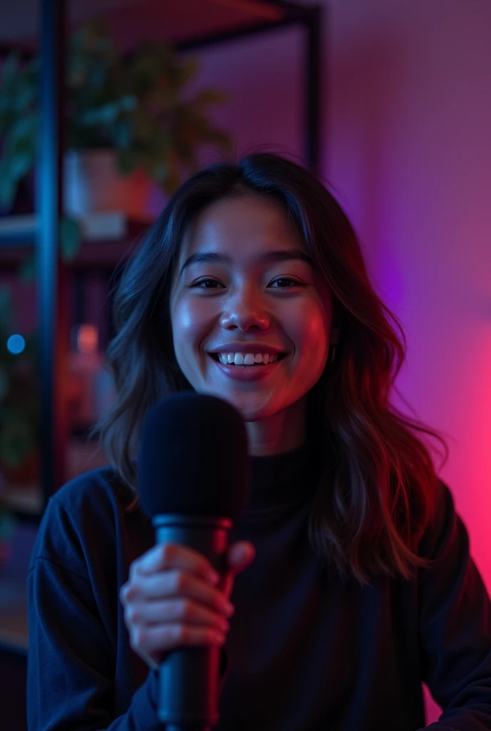 a young girls YouTuber sat with a microphone in a dark room with colored lights talking to the audience 