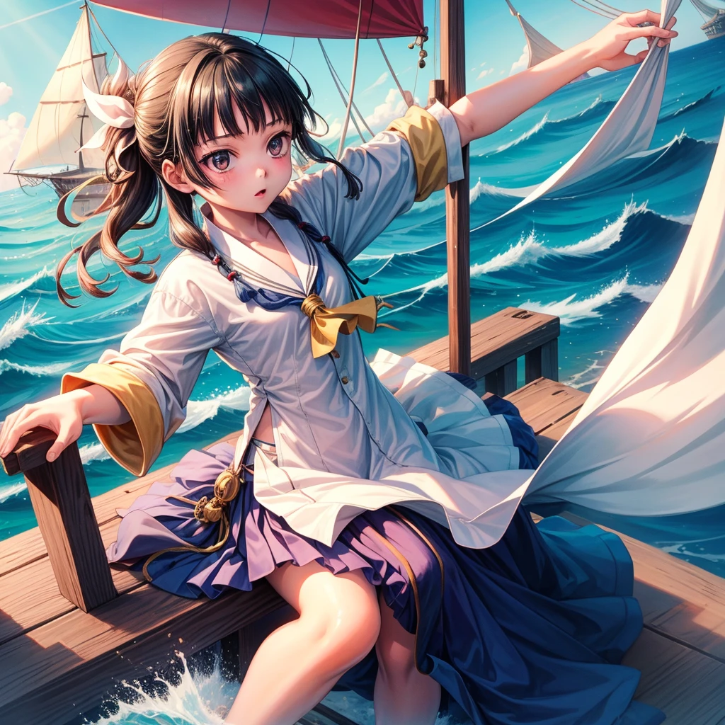 One Girl（８Year）, pirate, Highest quality、Cinema Lighting、Sailor suit、Long skirt、 On the mast of a galleon、White panties,