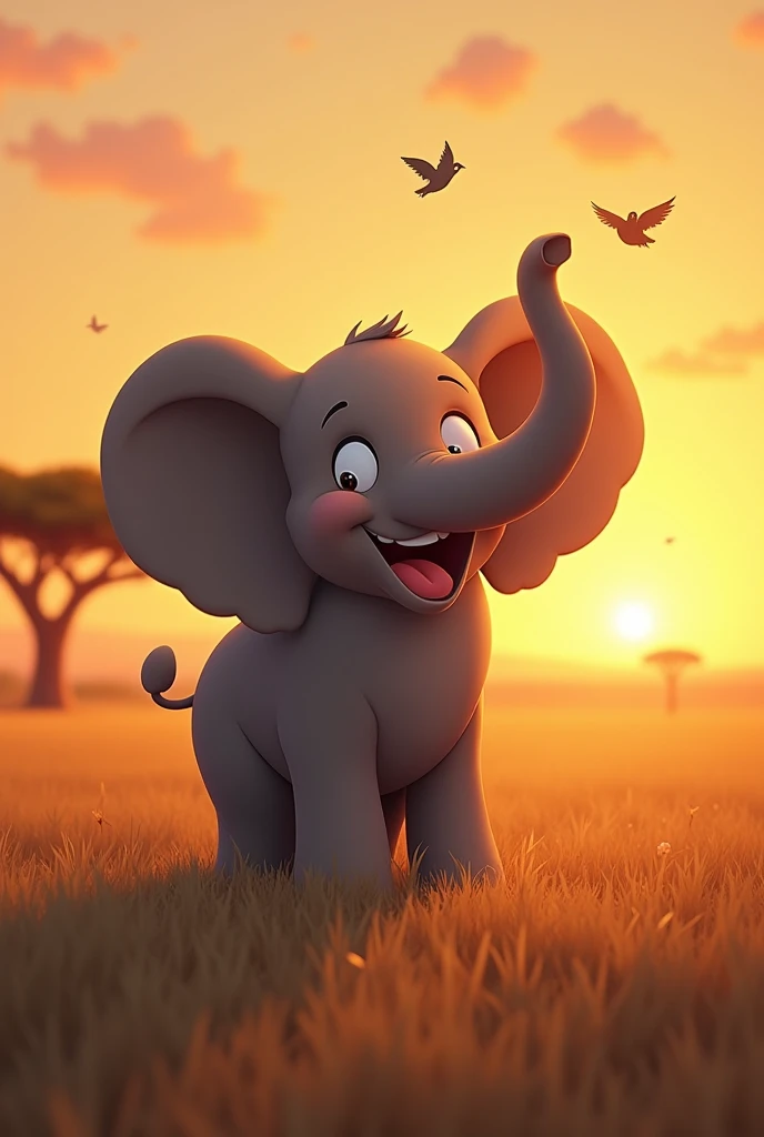 Create an image of an elephant with a happy face. he is waking up at dawn, with the soft light of the rising sun bathing the savannah. He is standing, raising his trunk as if greeting the new day. over the horizon, the sun is rising, softly illuminating dinner. Little birds fly around, adding a touch of life to the scene. It must have a beautiful landscape and musical notes. . The image should have a playful touch.