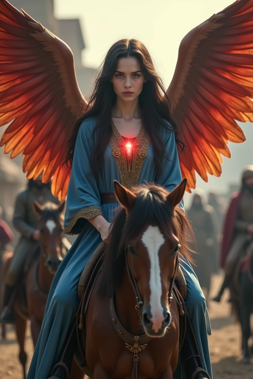 Woman about 24 years old, weak in the face, white skin with long dark brown hair, Red eyes and large red and slightly golden angel wings. Dressed in modest blue attire with gold trim. She is walking in the city surrounded by villagers who idolize her.. She is riding a horse.
A faint red light comes out of his chest.