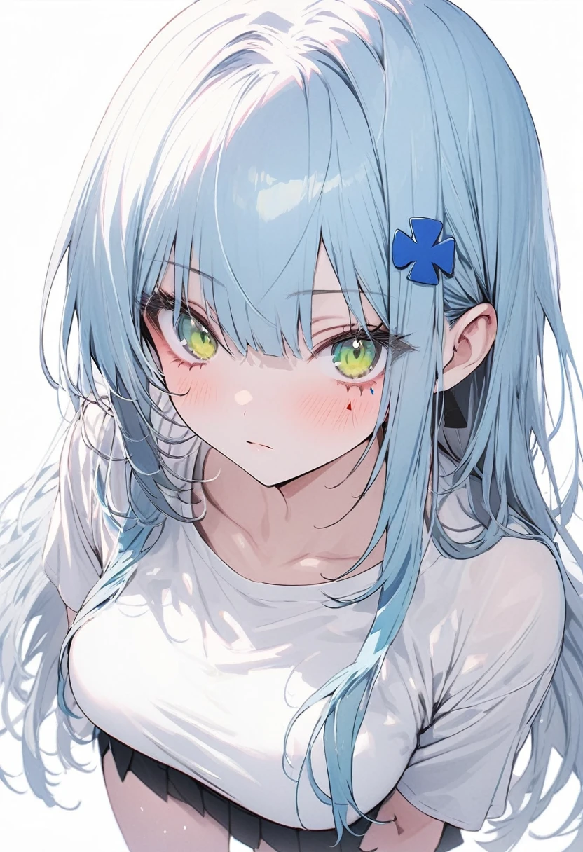(sweaty skin) (standing, in the Fukuoka hakata city), (pov close up face) (solo:2, 15 yo forehead blue hair long hair panic:1.4 girl), (((heart shaped pupils blue eyes))), hand put on own chest, in a summer school sailor suit, skirt, BREAK, perfect anatomy, masterpiece, best quality, 16k, beautiful detailed grow, daydreaming expression.