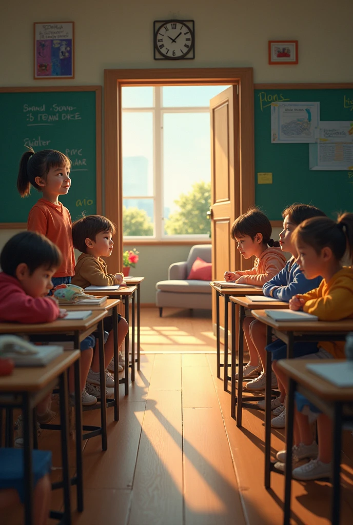 8-year-old children sitting at their desks at school, Then they see the living room door open.