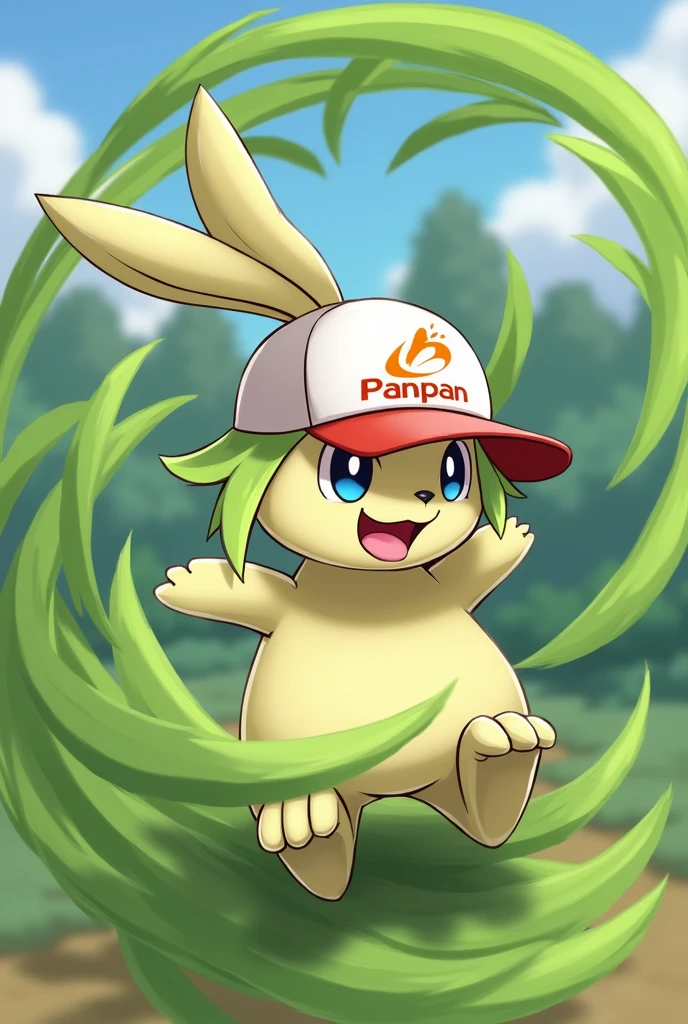 I would like to create a pokemon with a rabbit-like appearance, plant type, making an attack resembling a grass tornado, it has a cap written "Panpan" on it. The rabbit is said to be attacking and very focused, this can be seen on his face.
