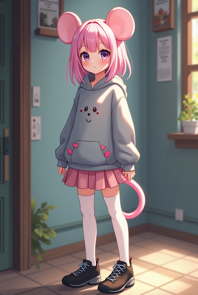 Sent by you:
r of about 14 and ight pink and pastel hair. Her clothes are a gray sweatshirt inspired by a mouse plus a light pink skirt and white stockings, black shoes and from the series The Owl House.
