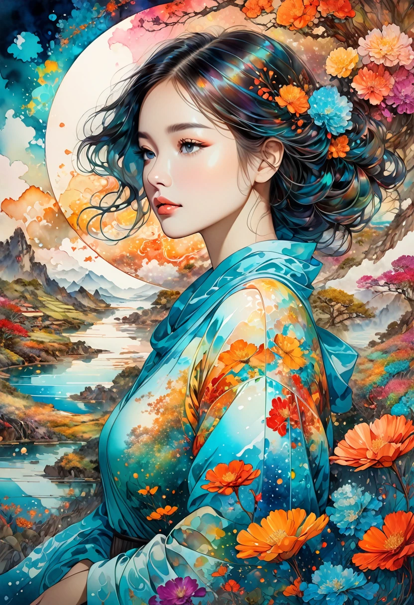 An intricately detailed digital painting featuring a girl. The composition exudes a serene and ethereal atmosphere, drawing the viewer into a surreal landscape with the woman's contemplative expression. The use of alcohol ink adds a semi-transparent dreamlike quality, enhancing the overall beauty and mystique of the artwork.