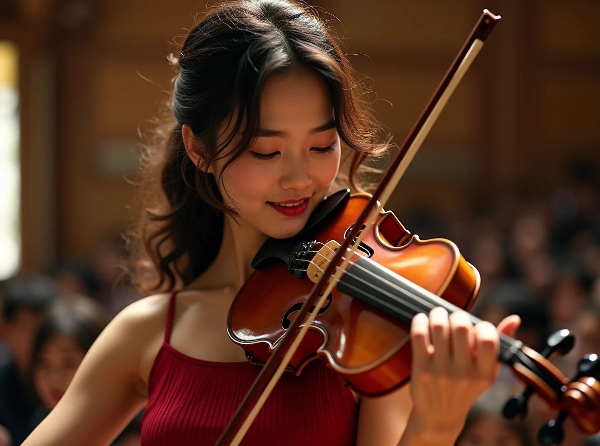 (masterpiece, high resolution, high detail, best quality), ultra detailed, 16k, photograph, cinematic lighting, beautiful face, perfect face, highly detailed beautiful face and eyes, delicate facial features, highly detailed background, elaborately designed clothes, BREAK, (stunning Japanese woman playing the violin at a concert venue:1.4), Stradivarius, (Crimson sleeveless dress:1.4), curvy, (Wavy Hair), perfect make-up, light smile