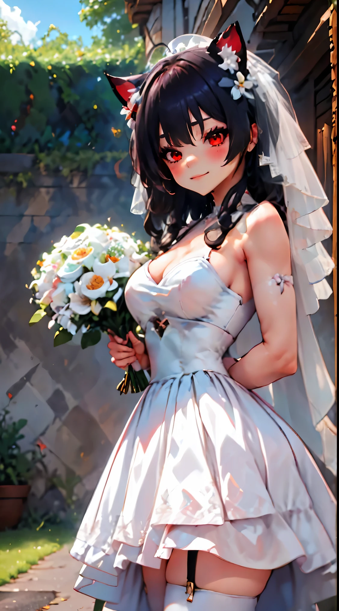 ((junkotvv cabello largo negro, orejas de gato, ojos rojos)), Lumine | genshin impact, master-piece, bestquality, 1girls,25 years old, proportional body, proportional., Wedding Dresses, White Wedding Dress, Long skirt, wedding, mediuml breasts, ,bara, Standing in the middle of a flower garden, outdoor, wedding, The sky is beautiful, Both hands hold a bouquet of flowers.................., View viewers from the front., Thigh strap, Head tilt, bored, 10, 10, HD, slight smile,