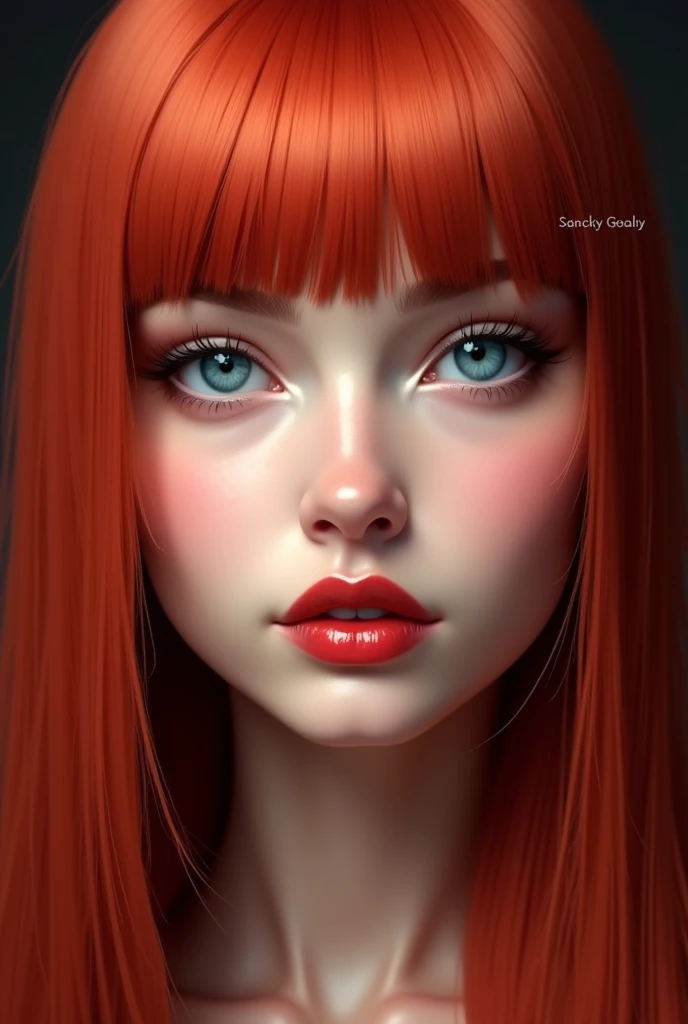 a women with red straight silky hair blue eyes red eyebrows button nose red lips dimples oval face