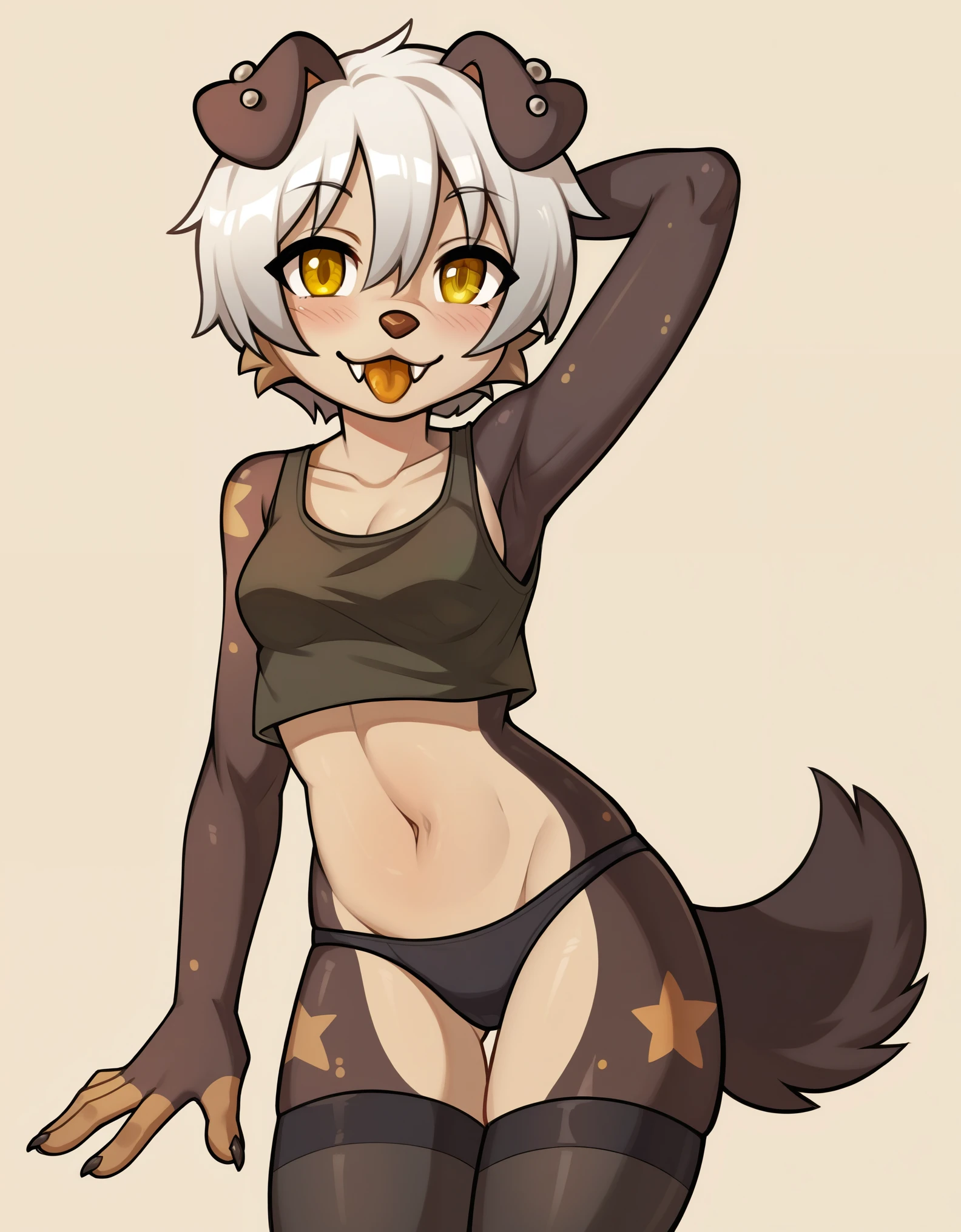 score_9, score_8_up, score_7_up, score_6_up, rating_safe, furry, puppyemonade \\\\(artist\\\\), 1girl, mammal, solo, clothing, anthro, animal ears, tail, canid, furry female, female, canine, panties, furry, underwear, dog ears, navel, black panties, thighhighs, dog tail, hair, domestic dog, blush, yellow eyes, looking at viewer, canis, dog girl, open mouth, clothed, breasts, arm behind head, legwear, crop top, tongue, small breasts, white hair, black thighhighs, fangs, short hair, arm up, piercing, smile, fur, topwear, cowboy shot, body fur, grey hair, midriff, tank top, hair between eyes, claws, animal nose, collarbone, 