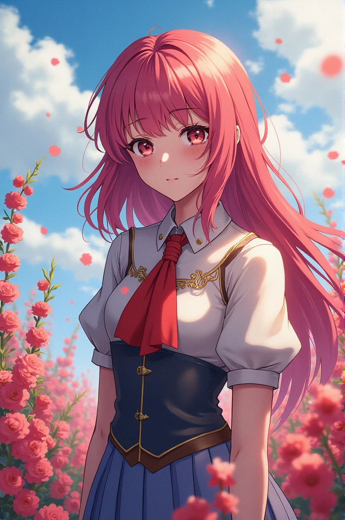 Female character Violette Evergarden on a flowery and bright background but painted with the colors that a colorblind person sees