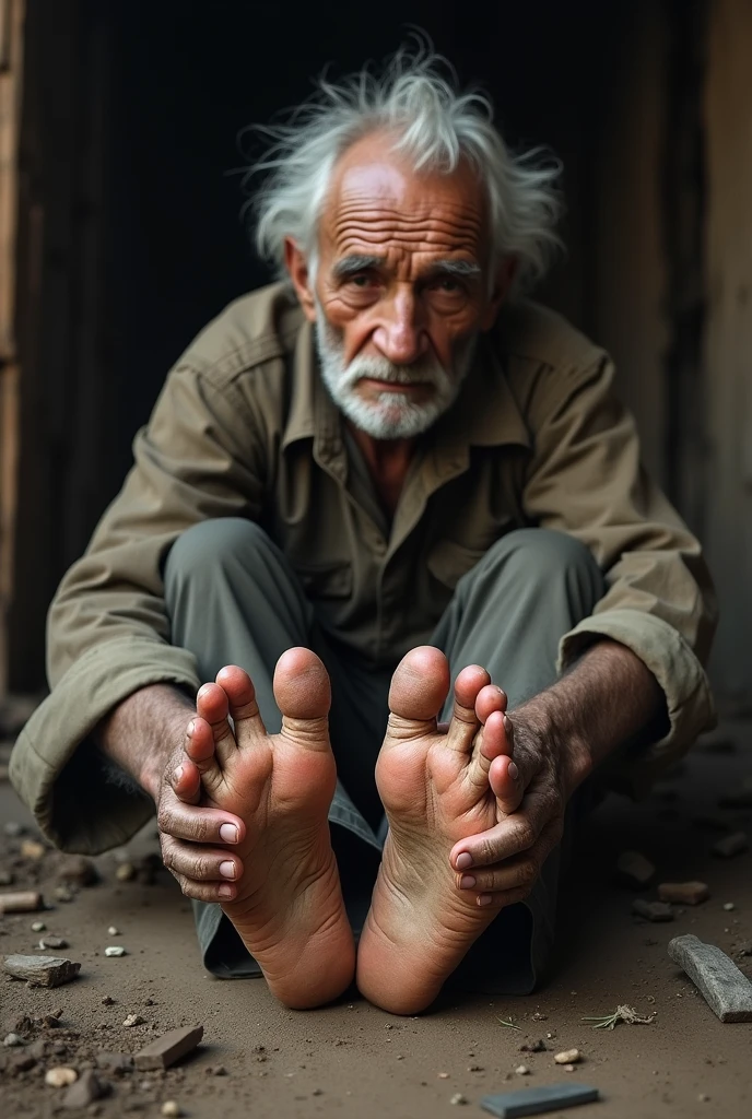 Create the image of an old man showing his feet